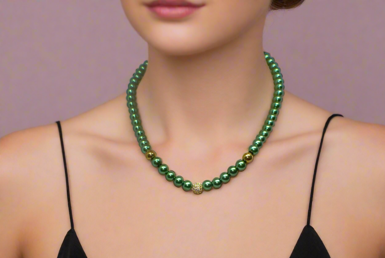 Stunning Cubic Zirconia, Czech Green Satin Beads, and Gold Hematite, Beaded Necklace, One-of-a-Kind, Crafted by Artistry Jewelry