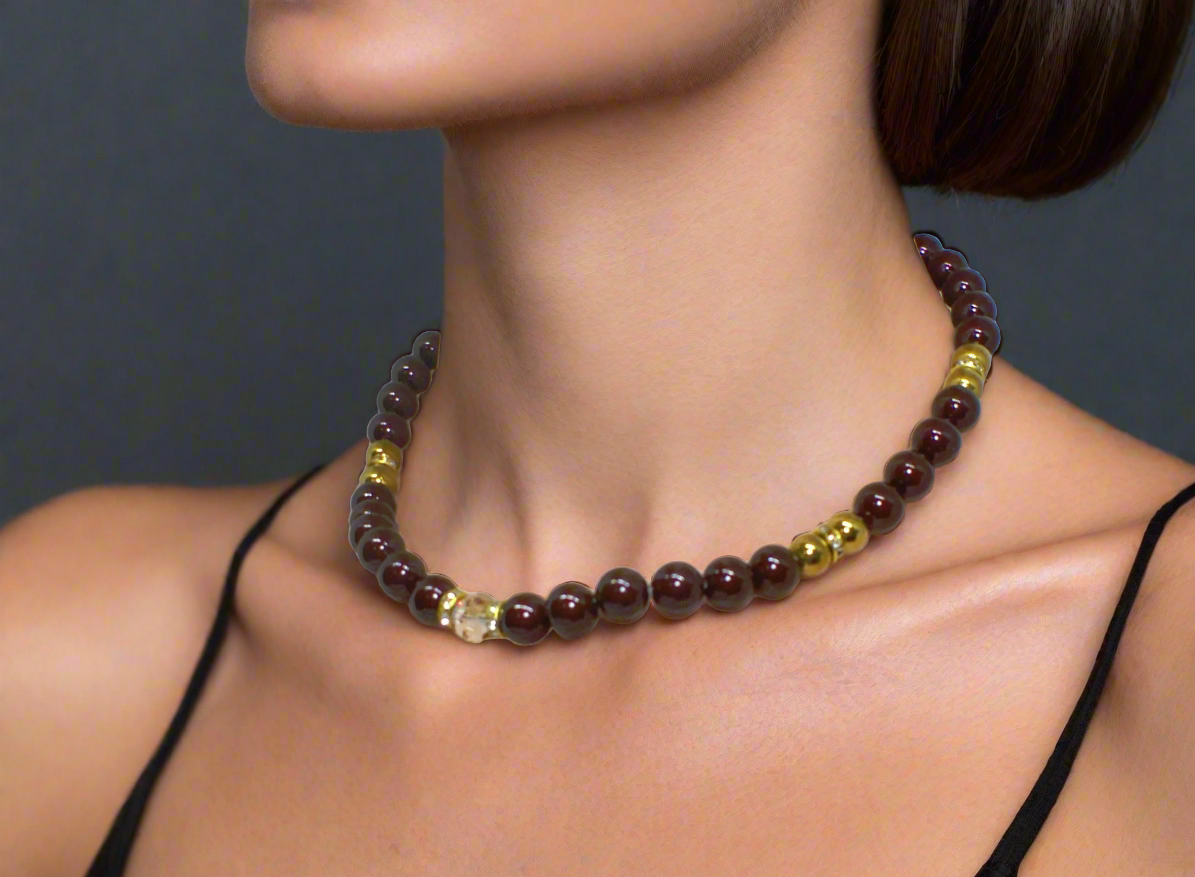 Beautiful Golden Shadow Crystal, Maroon Pearl and Gold Hematite Semi-precious Necklace-handcrafted by Artistry Jewelry