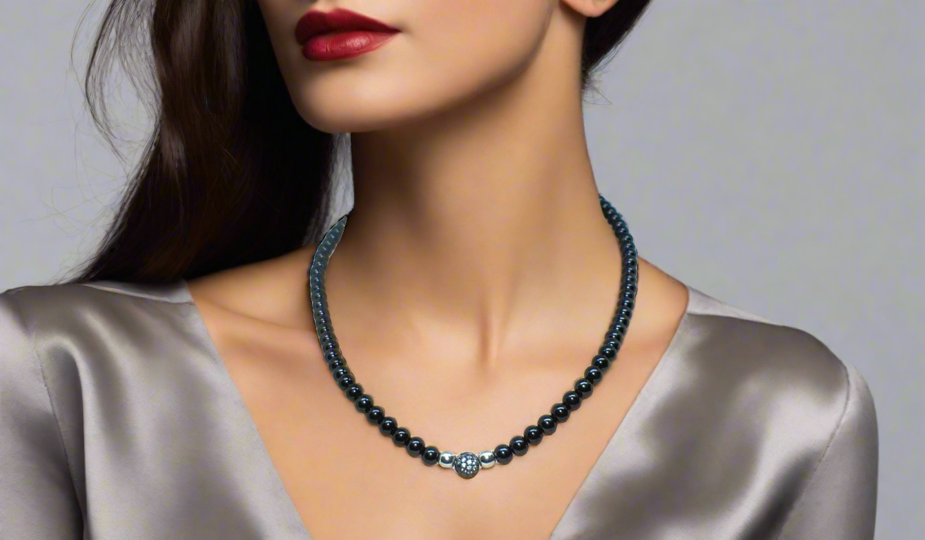 Lovely Black Pearl Beads, Cubic Zirconia, and Silver Rondelles, One-of-a-Kind, Beaded Necklace-handcrafted by Artistry Jewelry