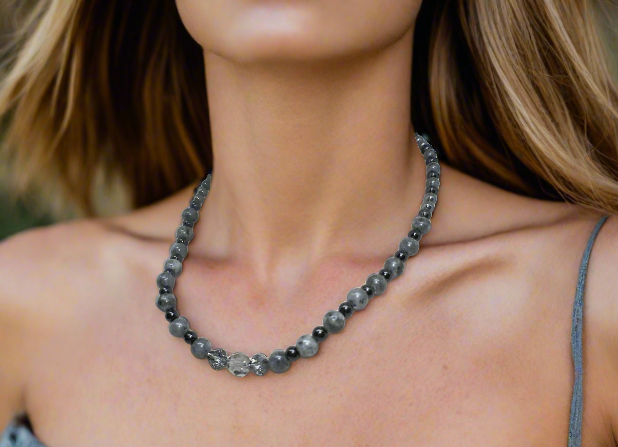 Gorgeous Black Diamond Crystal, Labradorite, Silver Hematite, and Baroque beads, Beaded Necklace - handcrafted by Artistry Jewelry
