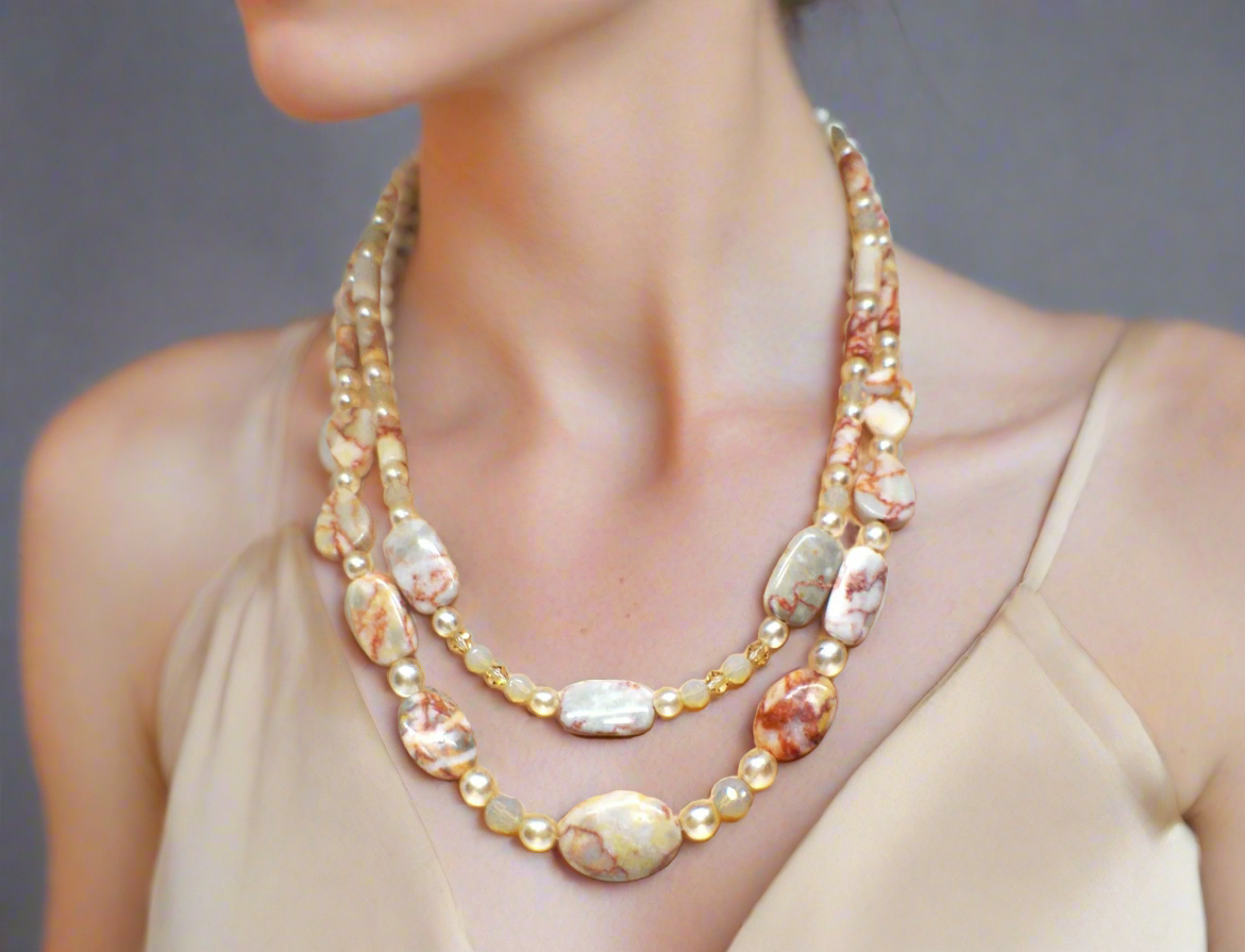 Perfect Natural Redline Marble, Sand Opal Crystals, and Druk pearl beads, Two-strands, Beaded Necklace Set-crafted by Artistry Jewelry
