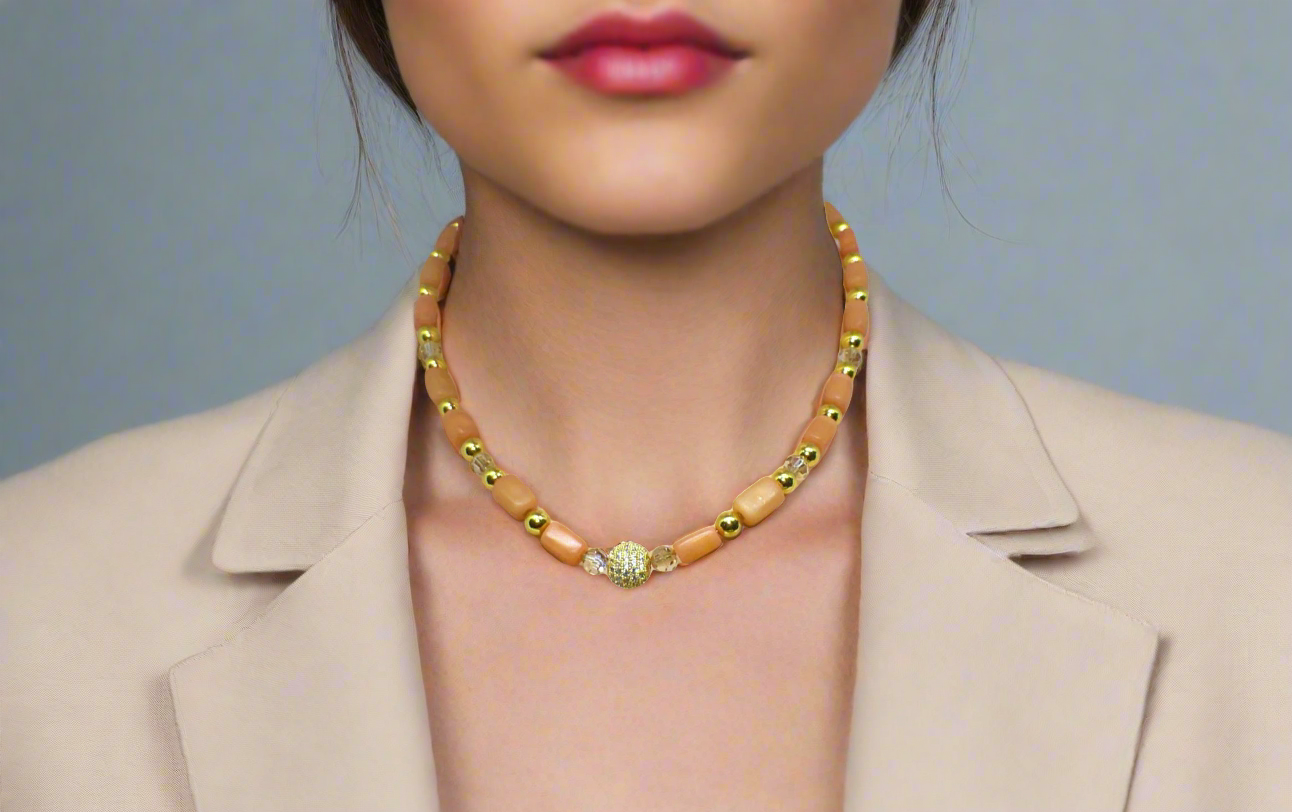 Exceptional Crystal and Buri, Peach, and Cream Beaded Necklace Set with Cubic Zirconia - handcrafted by Artistry Jewelry