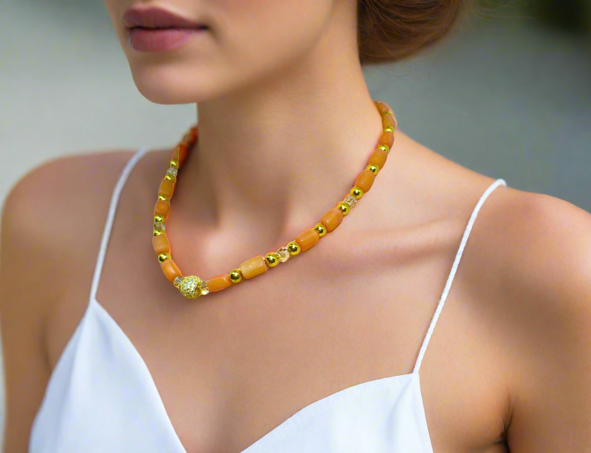 Exceptional Crystal and Buri, Peach, and Cream Beaded Necklace Set with Cubic Zirconia - handcrafted by Artistry Jewelry