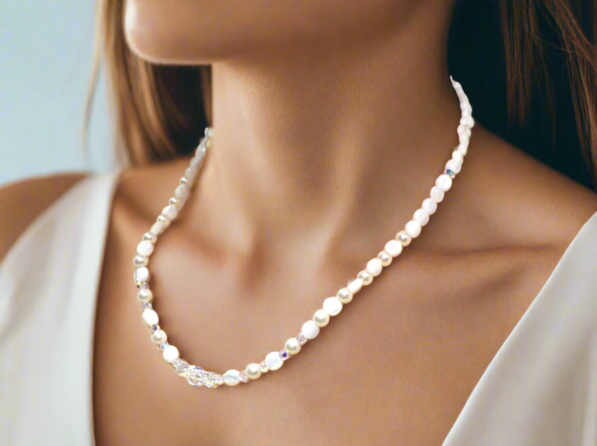 Elegant Mother of Pearl and Crystal Necklace