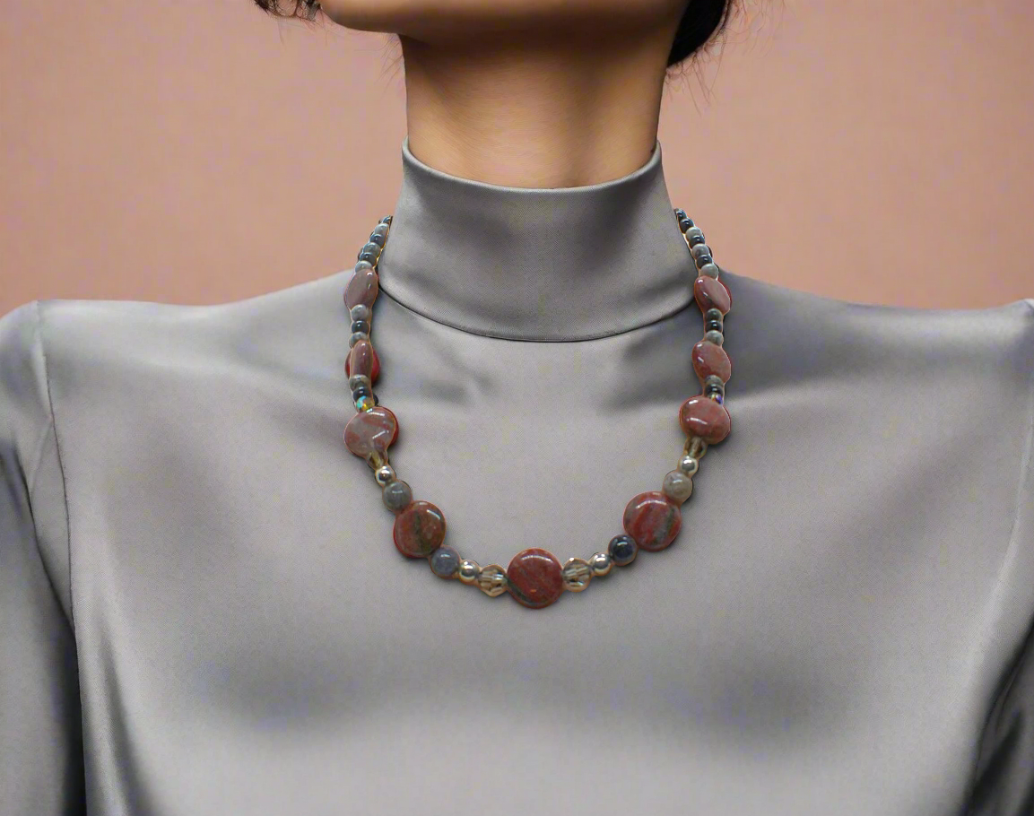 Gorgeous Red Sesame Jasper, Black Lace Marble and Crystal, Semi-precious, One-of-a-Kind, Beaded Necklace B-handcrafted by Artistry Jewelry