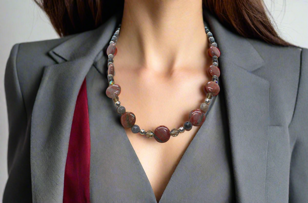 Gorgeous Red Sesame Jasper, Black Lace Marble and Crystal, Semi-precious, One-of-a-Kind, Beaded Necklace B-handcrafted by Artistry Jewelry