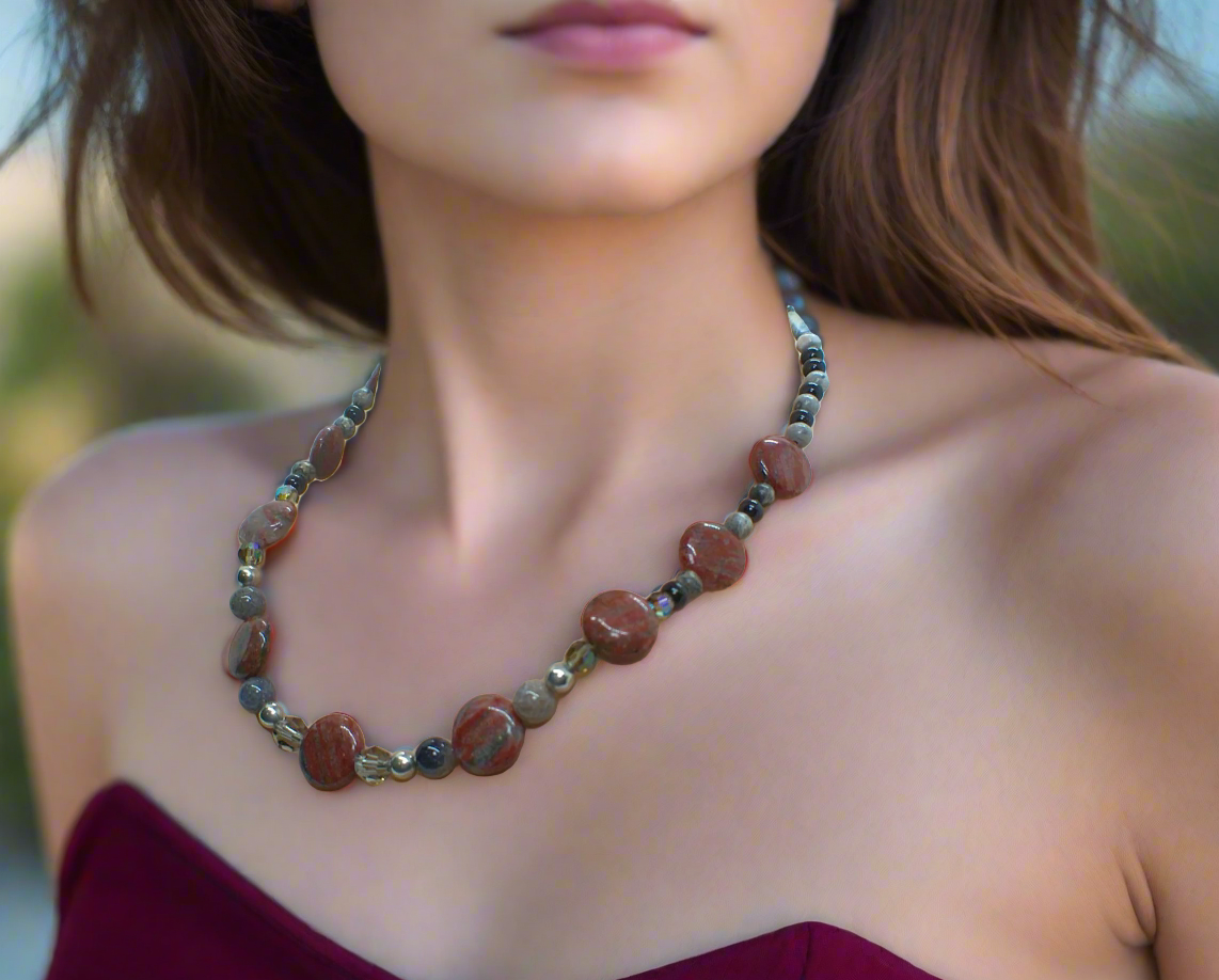 Gorgeous Red Sesame Jasper, Black Lace Marble and Crystal, Semi-precious, One-of-a-Kind, Beaded Necklace B-handcrafted by Artistry Jewelry