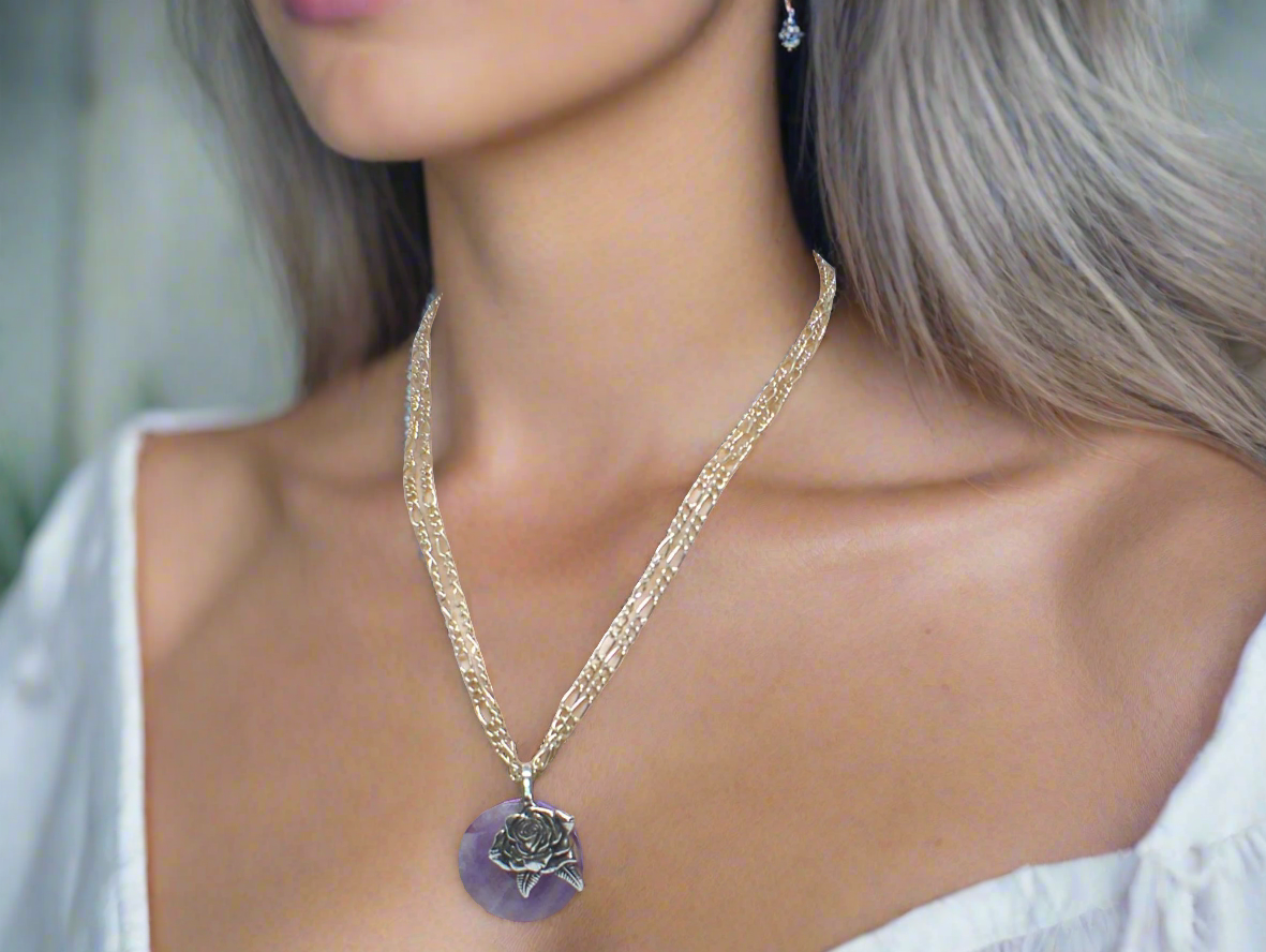 Fabulous Amethyst Stone and Sterling Silver bail, Figaro Chain Necklace