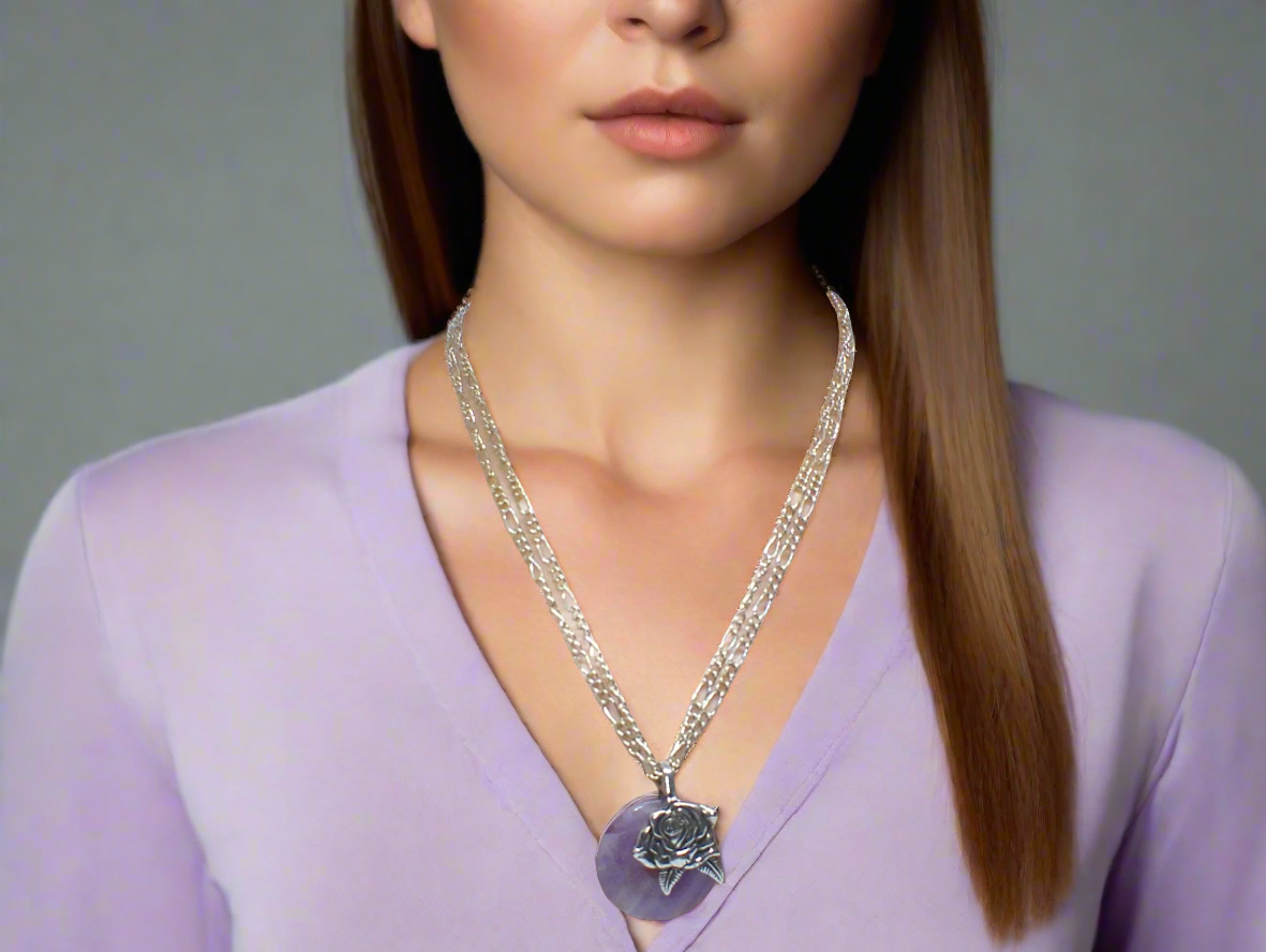 Fabulous Amethyst Stone and Sterling Silver bail, Figaro Chain Necklace