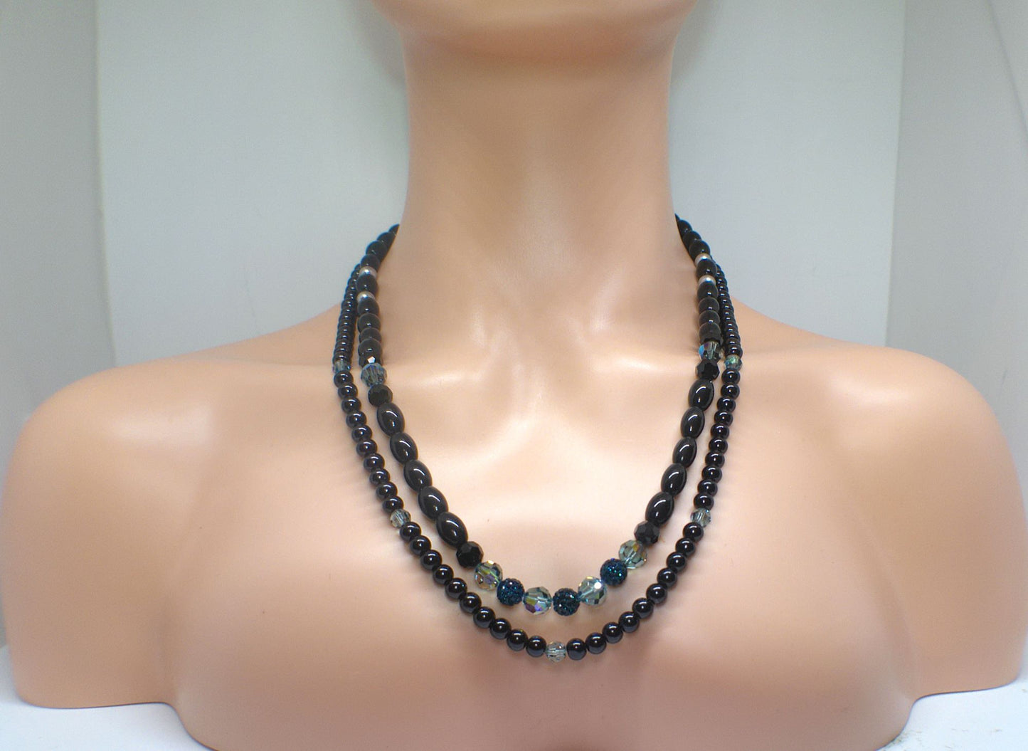 Stunning Sapphire Crystals, Black & Gray Pearl Beads, Dark BlueCzech PAVE Balls, Beaded Necklace - handcrafted by Artistry Jewelry