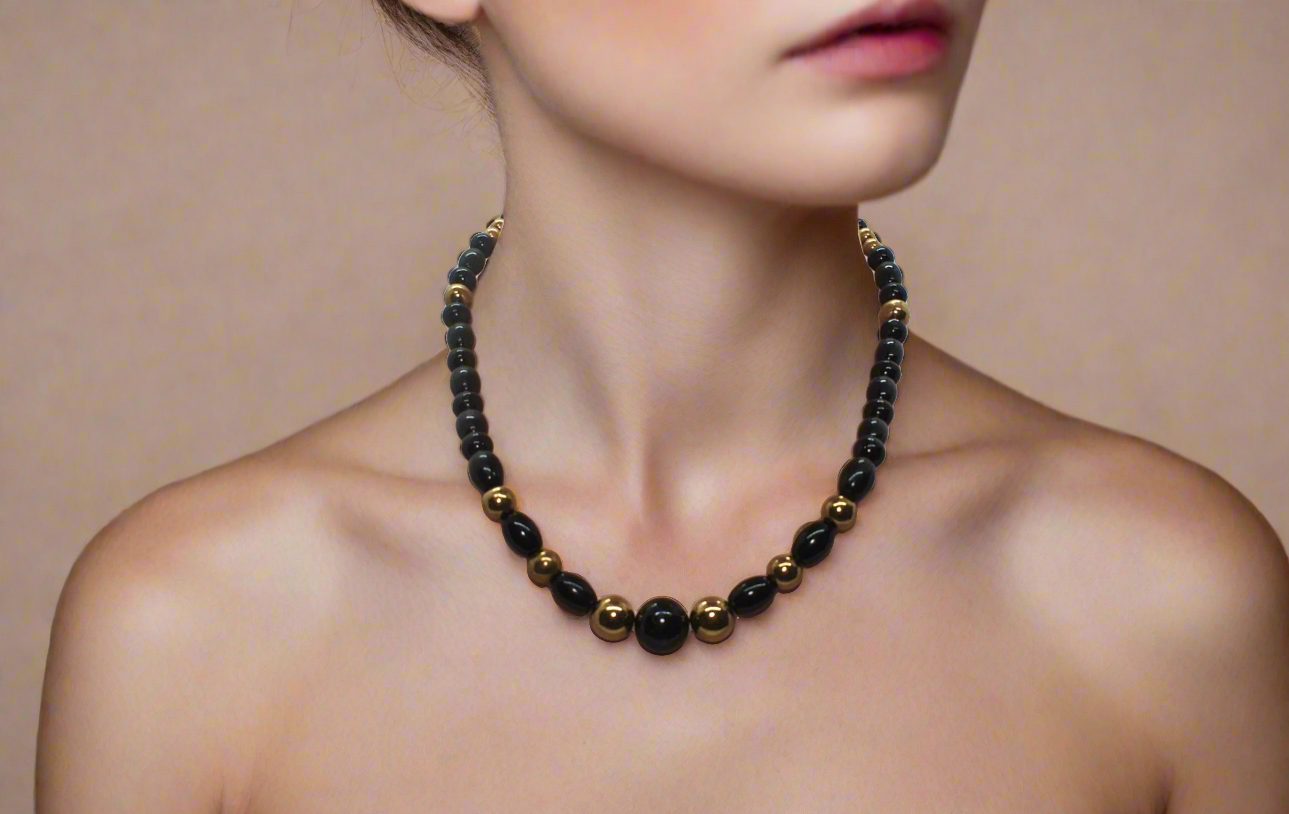 Appealing Black Onyx and Gold Hematite Necklace - handcrafted by Artistry Jewelry