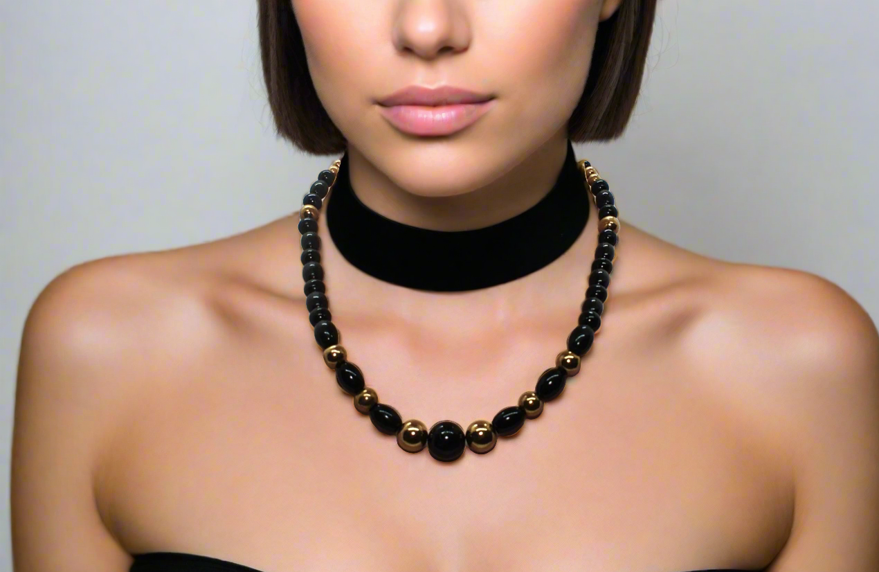 Appealing Black Onyx and Gold Hematite Necklace - handcrafted by Artistry Jewelry