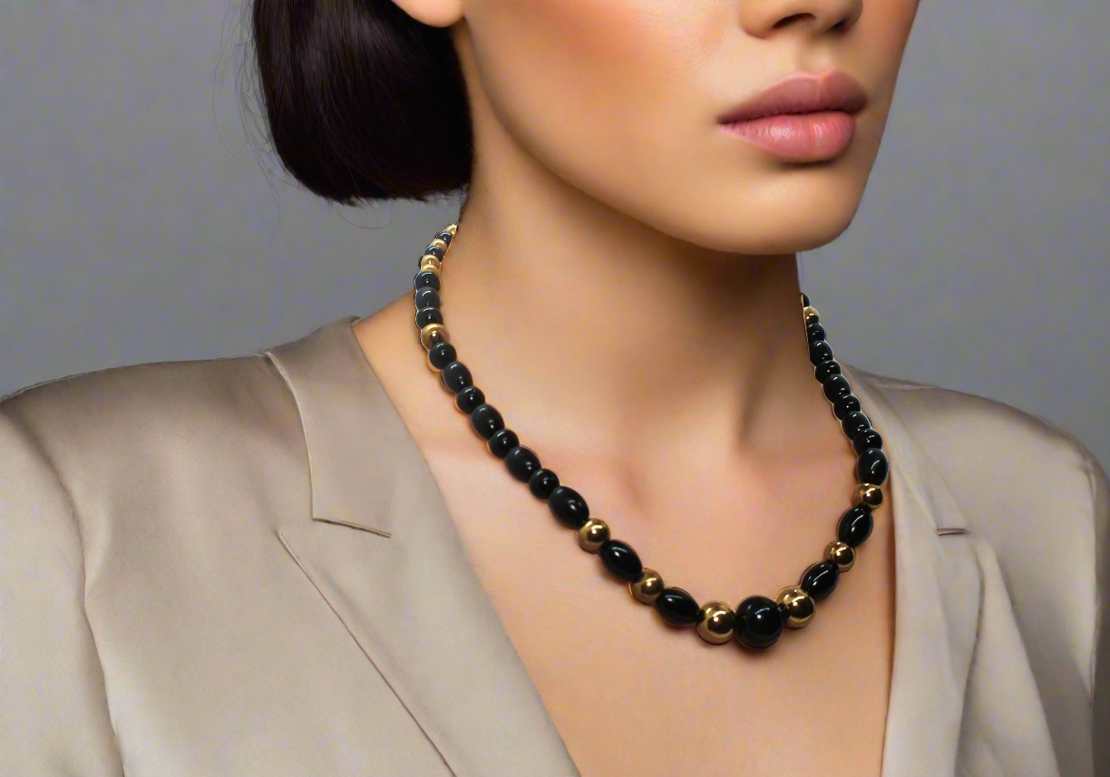 Appealing Black Onyx and Gold Hematite Necklace - handcrafted by Artistry Jewelry