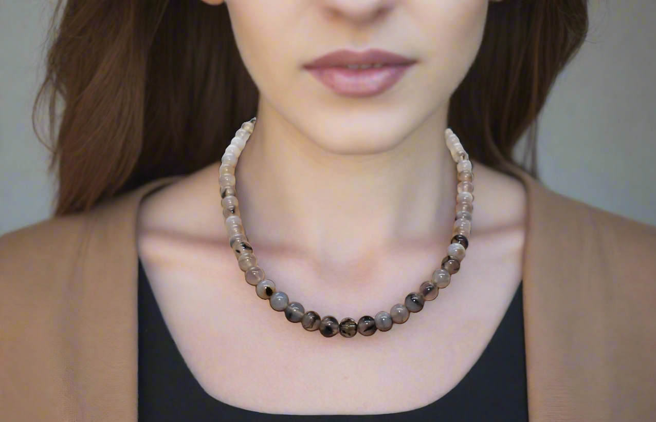 Captivating Black Dragon Vein Agate and Crystal Necklace
