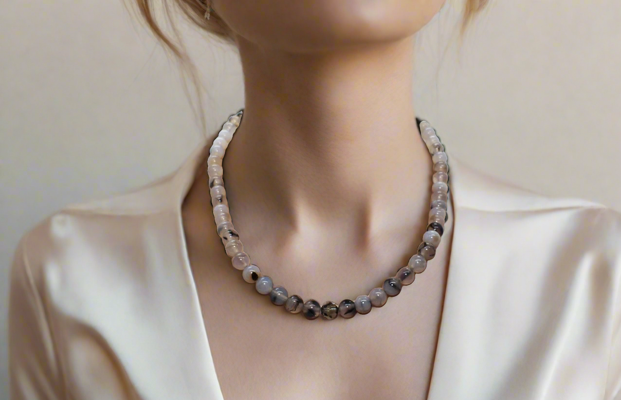 Captivating Black Dragon Vein Agate and Crystal Necklace
