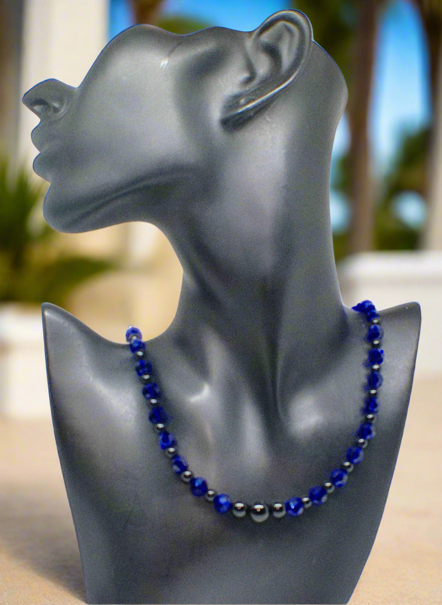 Ravishing Cobalt Blue Crystal and Black Onyx Necklace