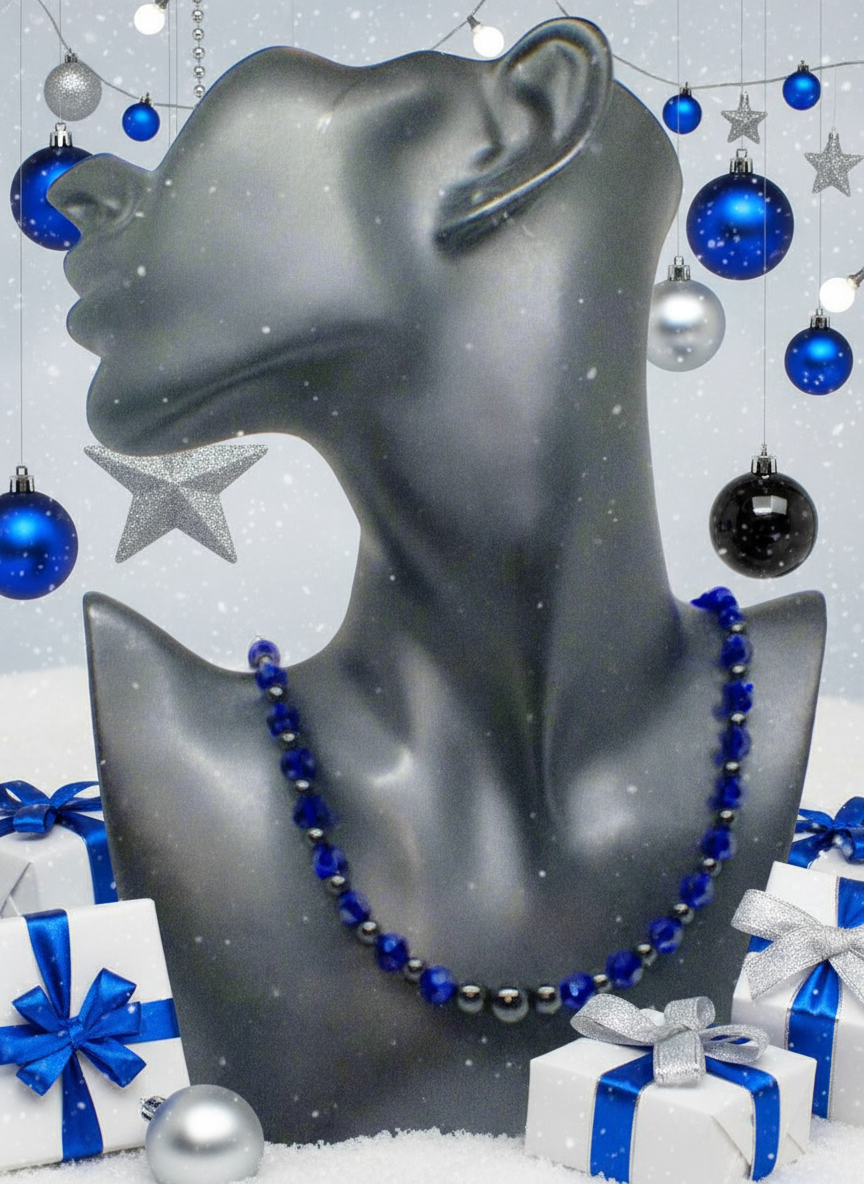 Ravishing Cobalt Blue Crystal and Black Onyx Necklace
