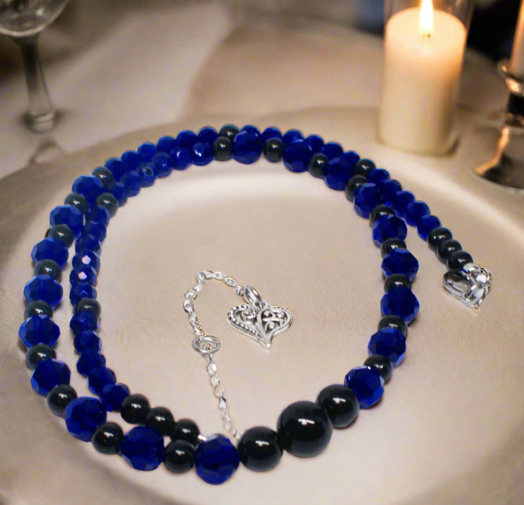 Ravishing Cobalt Blue Crystal and Black Onyx Necklace