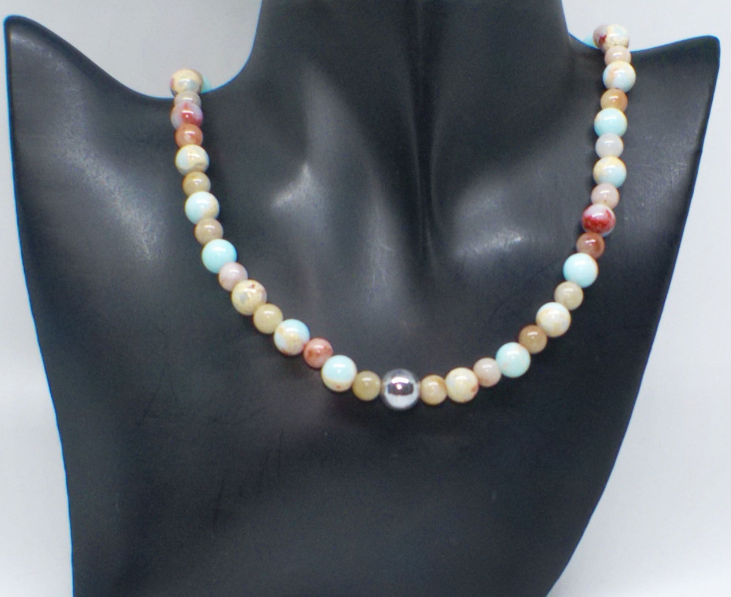 Lovely Sky Blue Jasper, Quartz and Silver Hematite Necklace