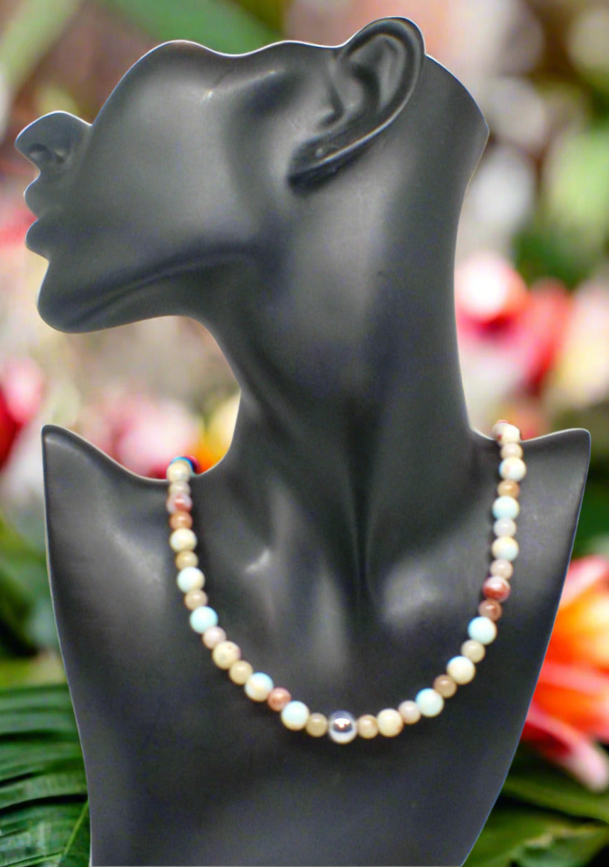 Lovely Sky Blue Jasper, Quartz and Silver Hematite Necklace