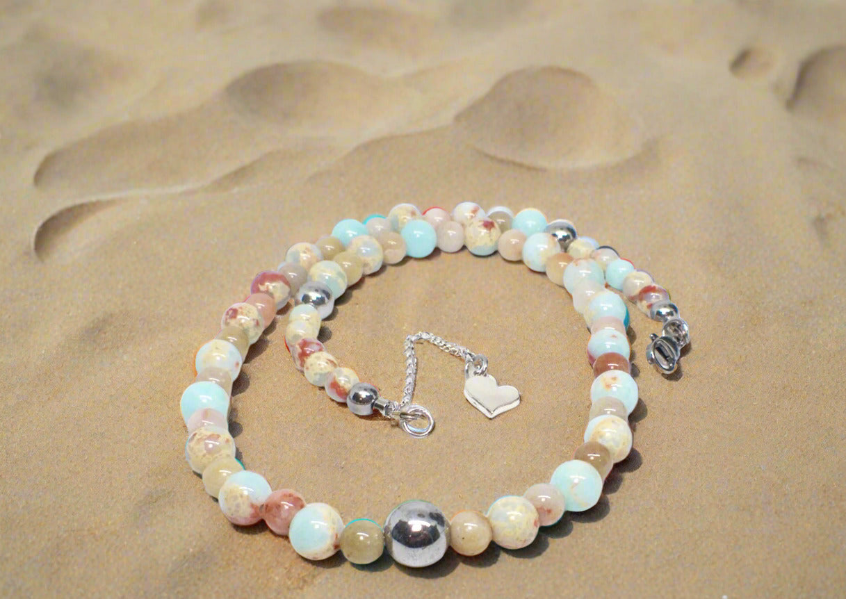 Lovely Sky Blue Jasper, Quartz and Silver Hematite Necklace