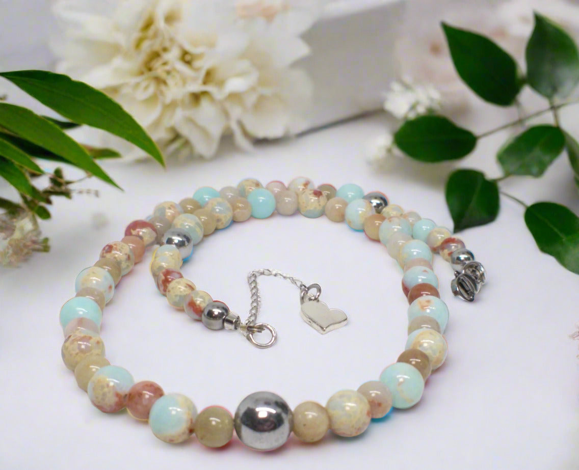 Lovely Sky Blue Jasper, Quartz and Silver Hematite Necklace