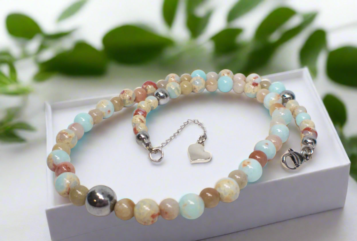 Lovely Sky Blue Jasper, Quartz and Silver Hematite Necklace