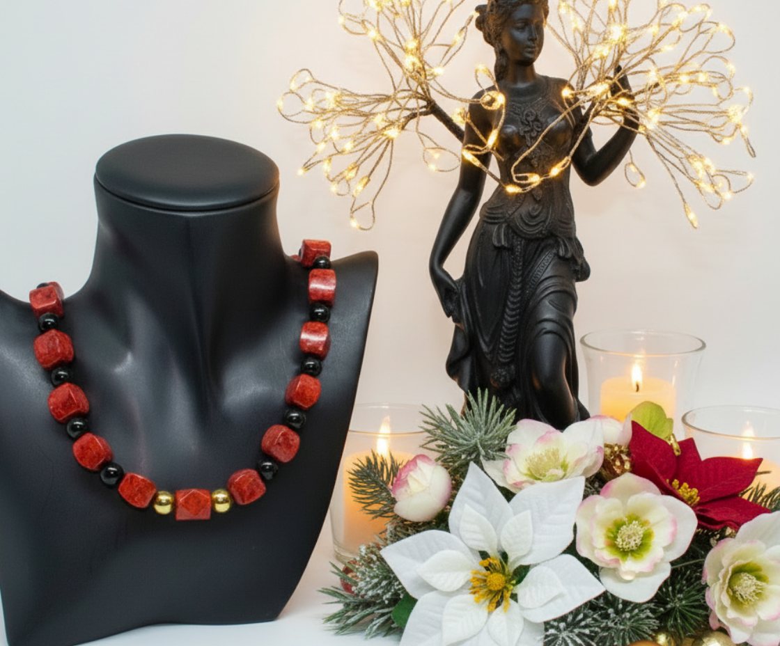 Stunning Coral, Black Onyx and Silver Hematite Necklace