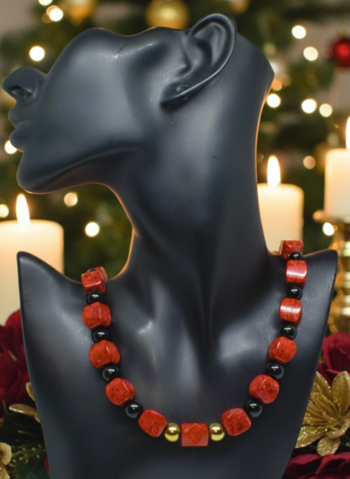Stunning Coral, Black Onyx and Silver Hematite Necklace