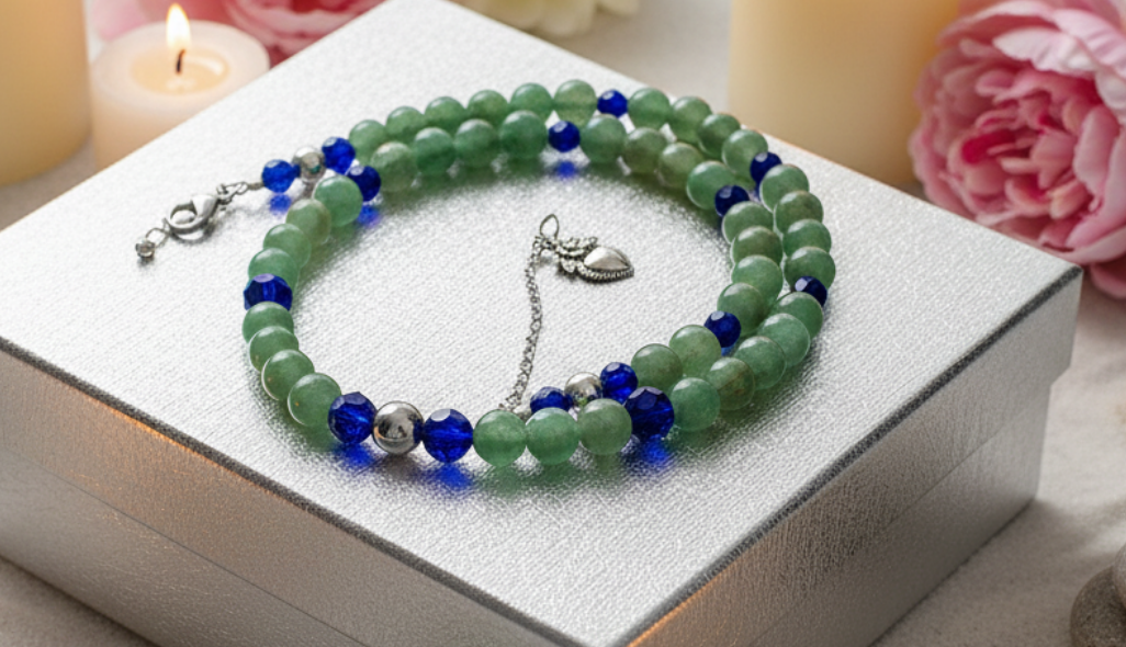 Attractive Cobalt Blue Crystals and Green Quartz and Silver Hematite Necklace