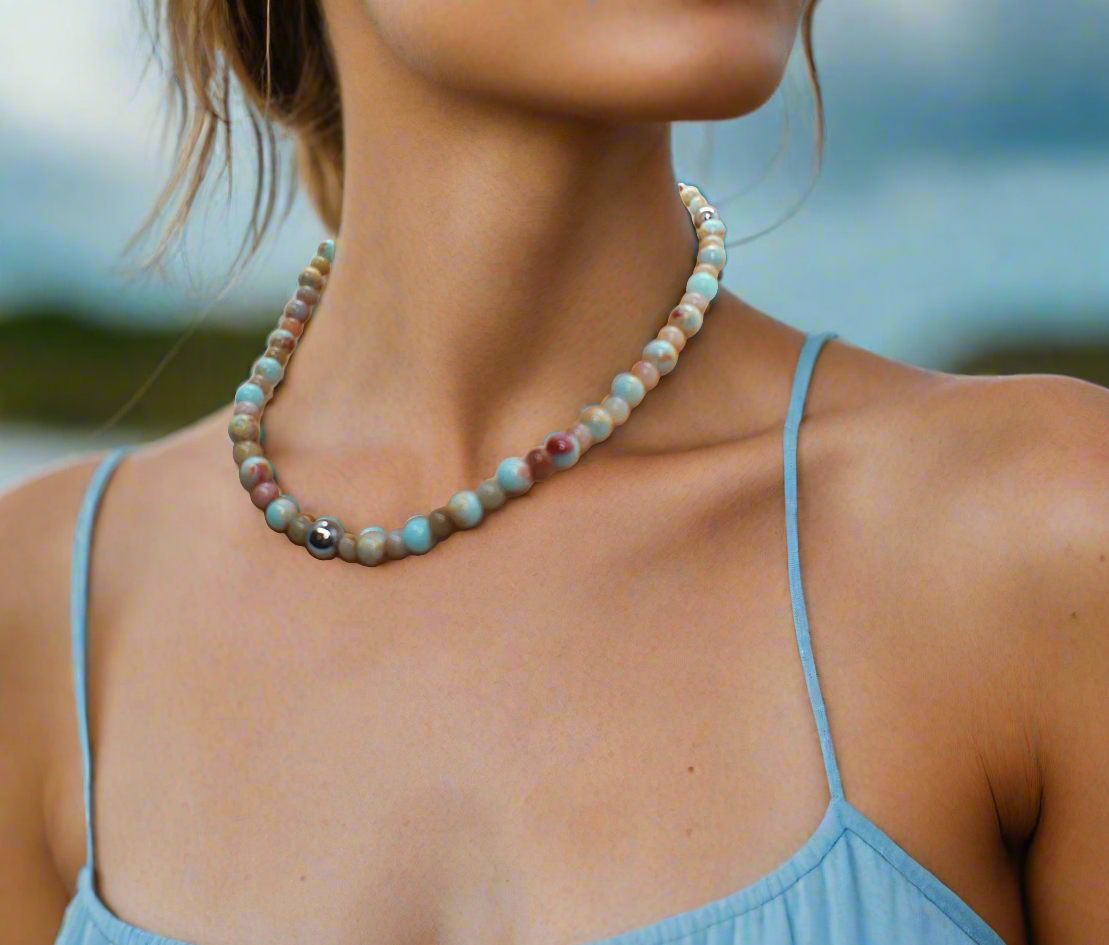 Lovely Sky Blue Jasper, Quartz and Silver Hematite Necklace