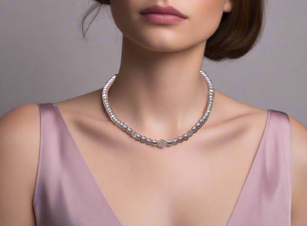 Crystal, Silver Hematite and Lilac Beads Necklace