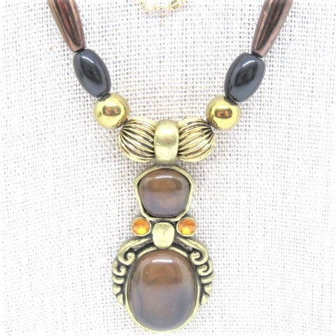 Charming Vintage Brown and Antique Gold Romance Beaded, and Chain Necklace Set with Hematite, One-of-a-Kind - handcrafted by Artistry Jewelry