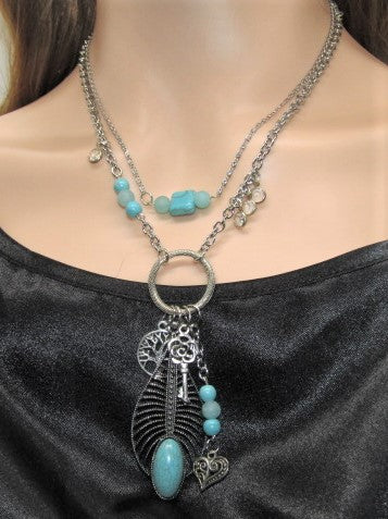 Stunning Turquoise Feather, Amazonite, Magnesite, and Tibetian Silver, Two-Strand, Chain Necklaces, One-of-a-Kind-crafted by Artistry Jewelry