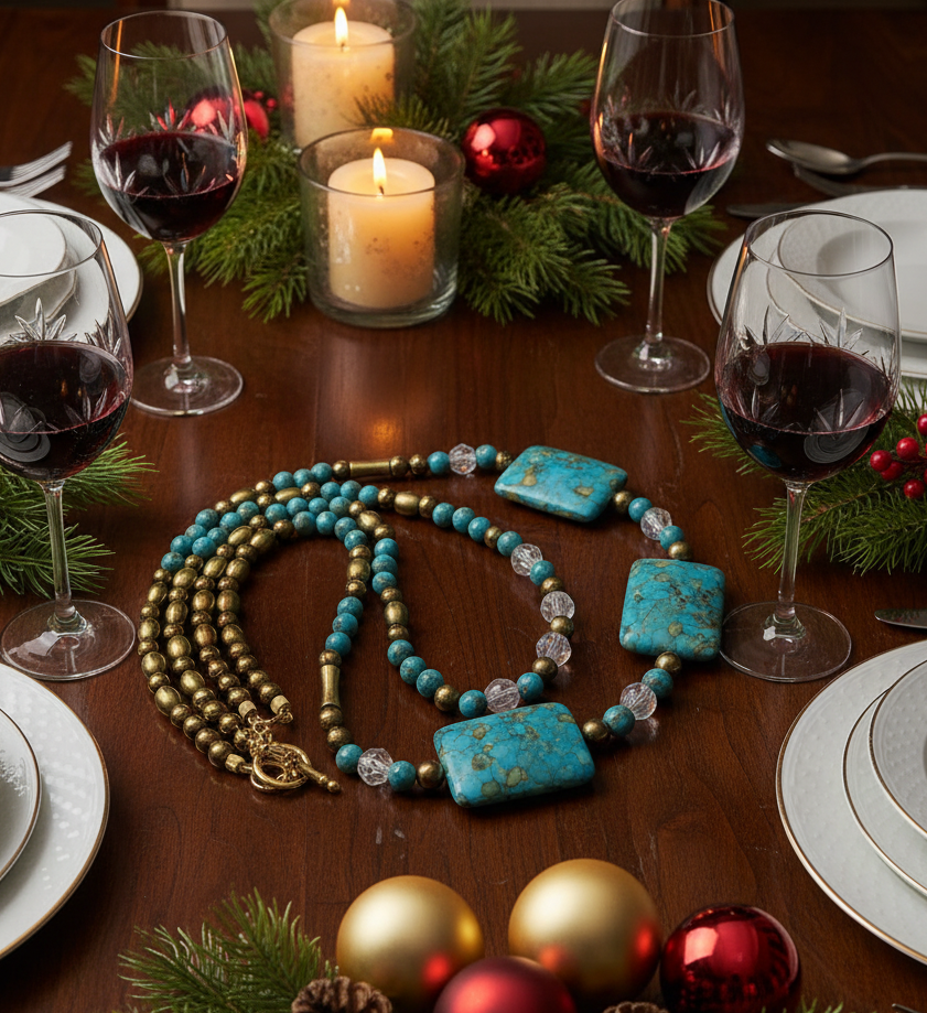Lovely Blue Mosaic Turquoise, and Austrian Crystal, Two-strand, Forever Beaded Necklace-crafted by Artistry Jewelry