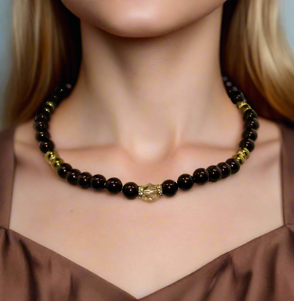 Beautiful Golden Shadow Crystal, Maroon Pearl and Gold Hematite Semi-precious Necklace-handcrafted by Artistry Jewelry
