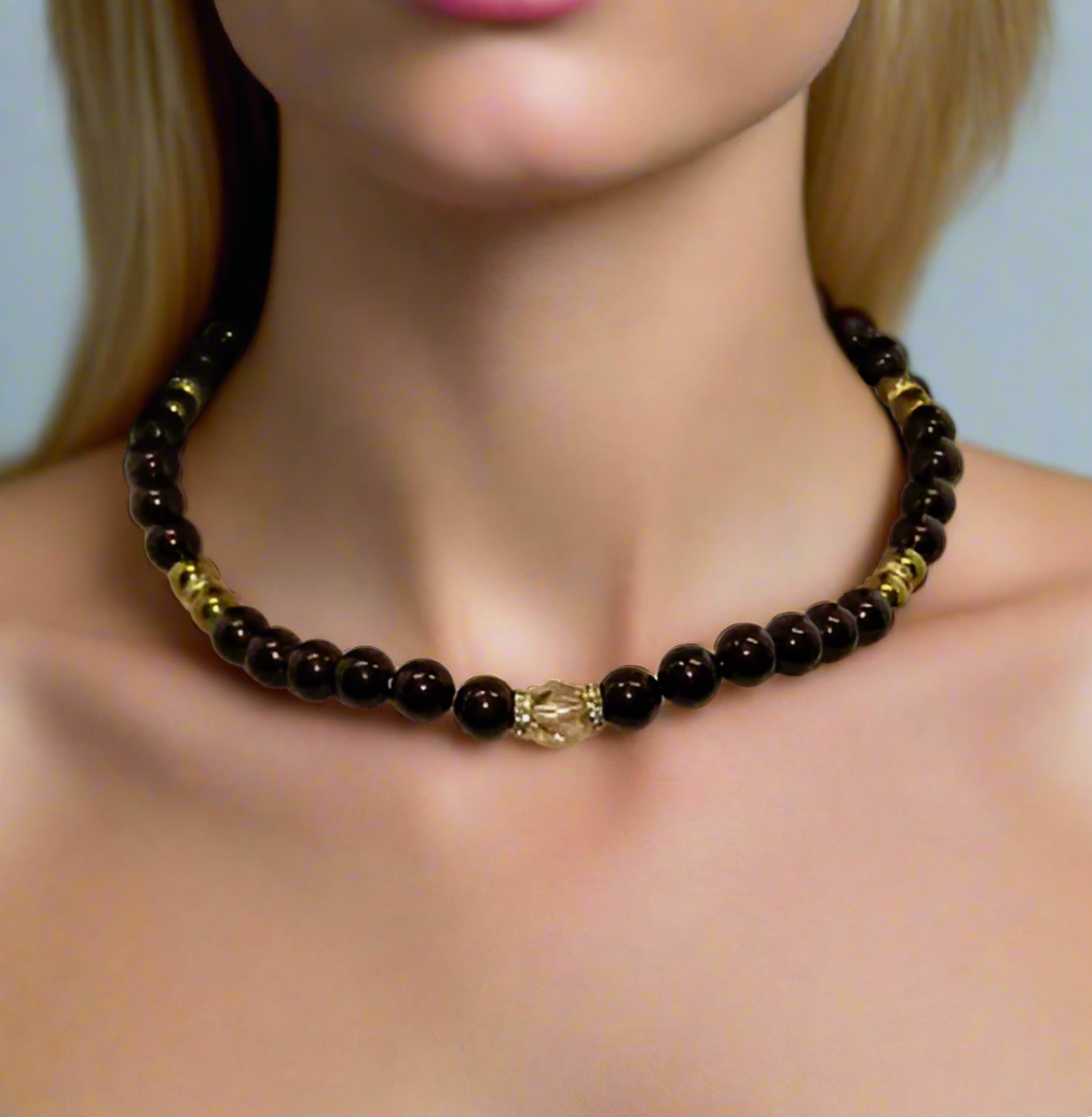 Beautiful Golden Shadow Crystal, Maroon Pearl and Gold Hematite Semi-precious Necklace-handcrafted by Artistry Jewelry