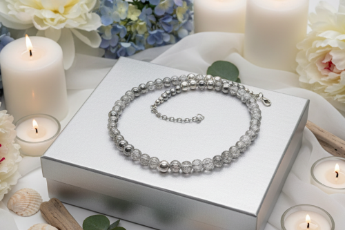 Beautiful Snow Cracked Crystal Beads and SP Hematite, Beaded Necklace Set-crafted by Artistry Jewelry