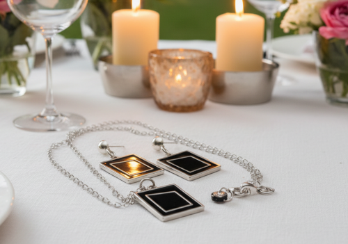 Exciting Silver and Black, Geo, Stainless Steel Chain Necklace Set- by Artistry Jewelry