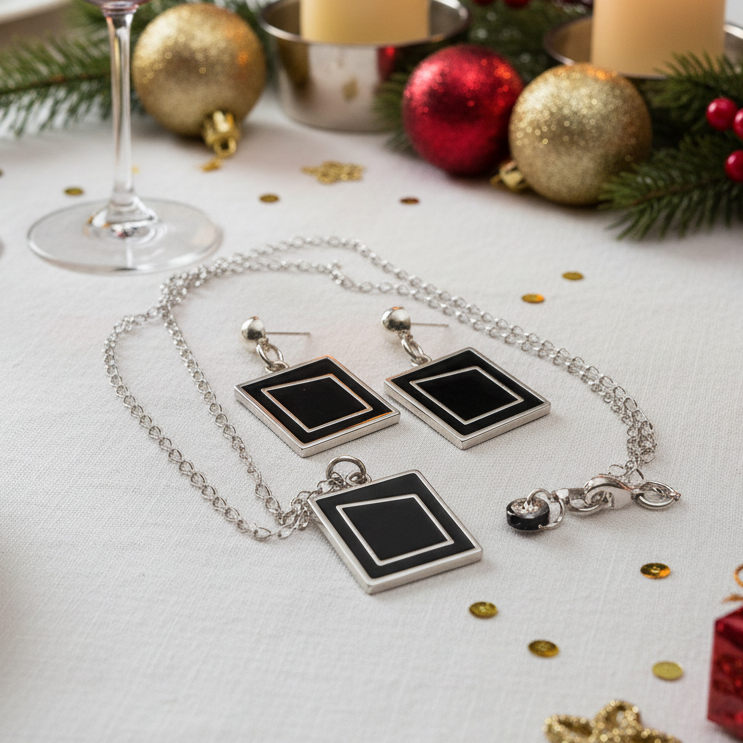 Exciting Silver and Black, Geo, Stainless Steel Chain Necklace Set- by Artistry Jewelry