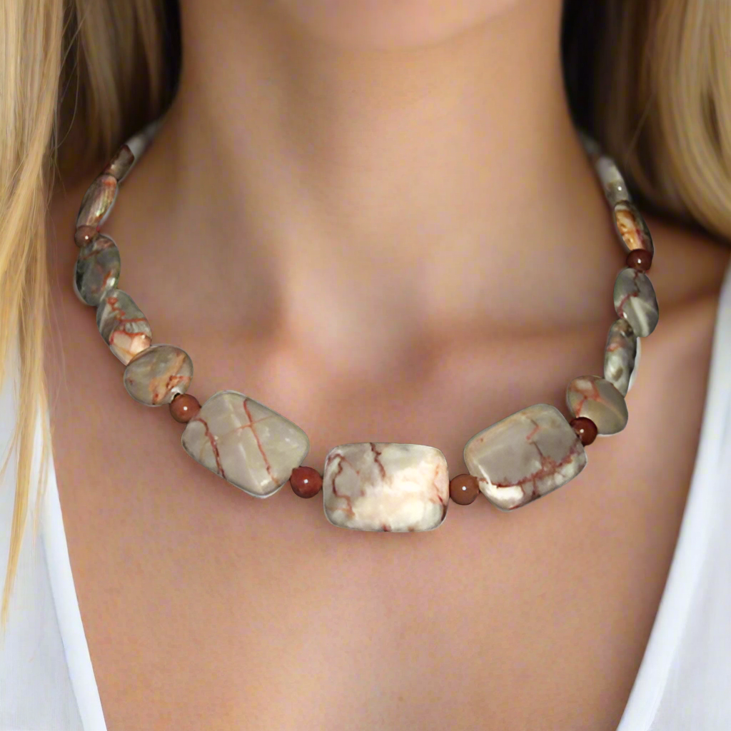 Exciting Natural Red Spot Stone and Red Aventurine Semi-precious, One-of-a-Kind Necklace Set- handcrafted by Artistry Jewelry