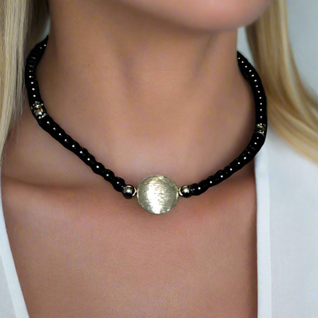 Exciting Black Satin Beads with Silver Hematite, One-of-a-Kind Necklace - hand crafted by Artistry Jewelry