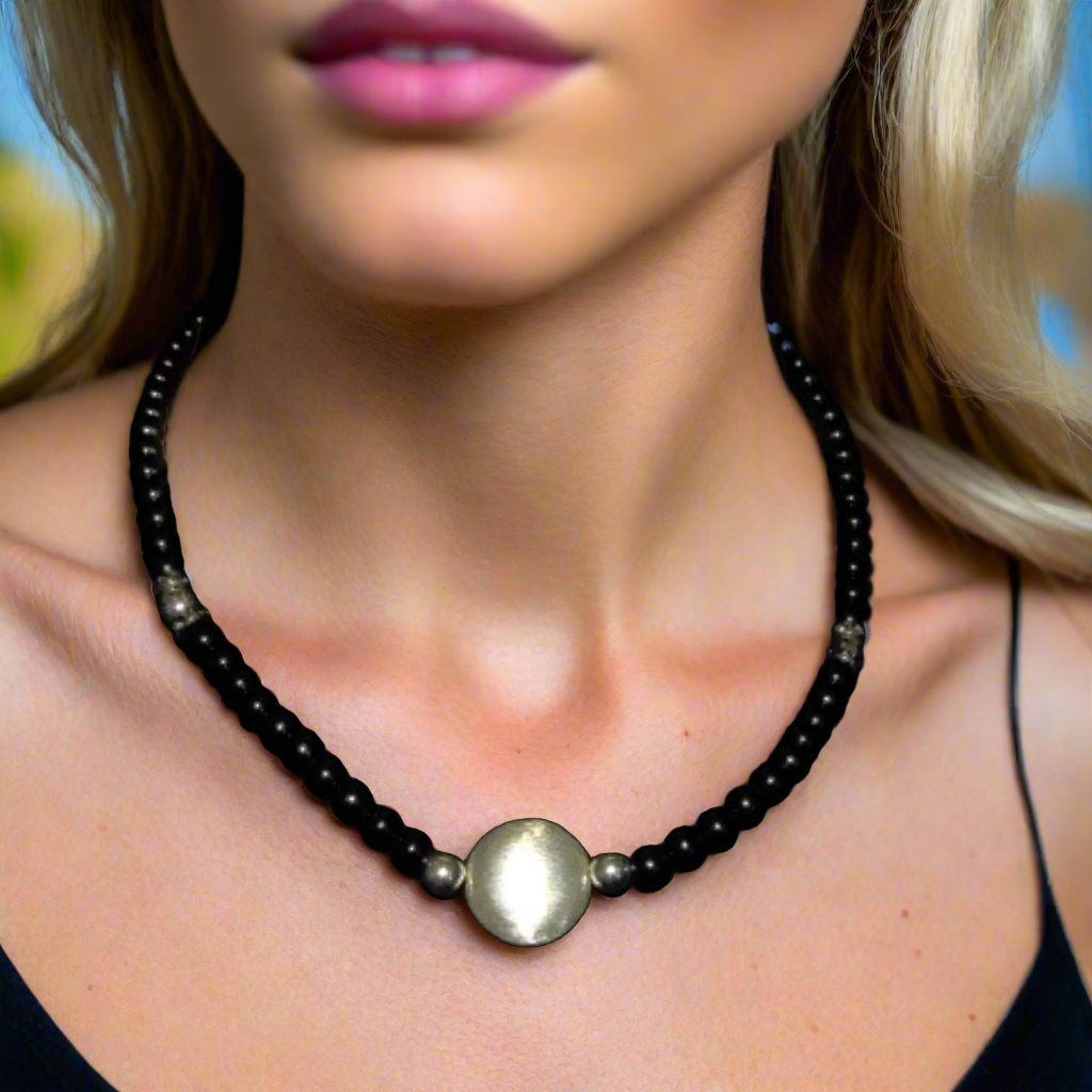Exciting Black Satin Beads with Silver Hematite, One-of-a-Kind Necklace - hand crafted by Artistry Jewelry