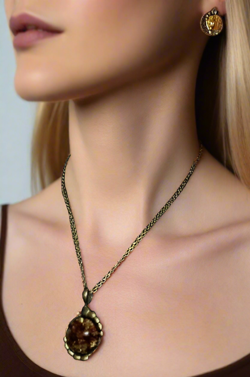 Charming Vintage Style Burnished Gold and Brown Colored Pendant, Steel Chain Necklace and Earrings Set, 18 inches, One-of-a-Kind - by Artistry Jewelry