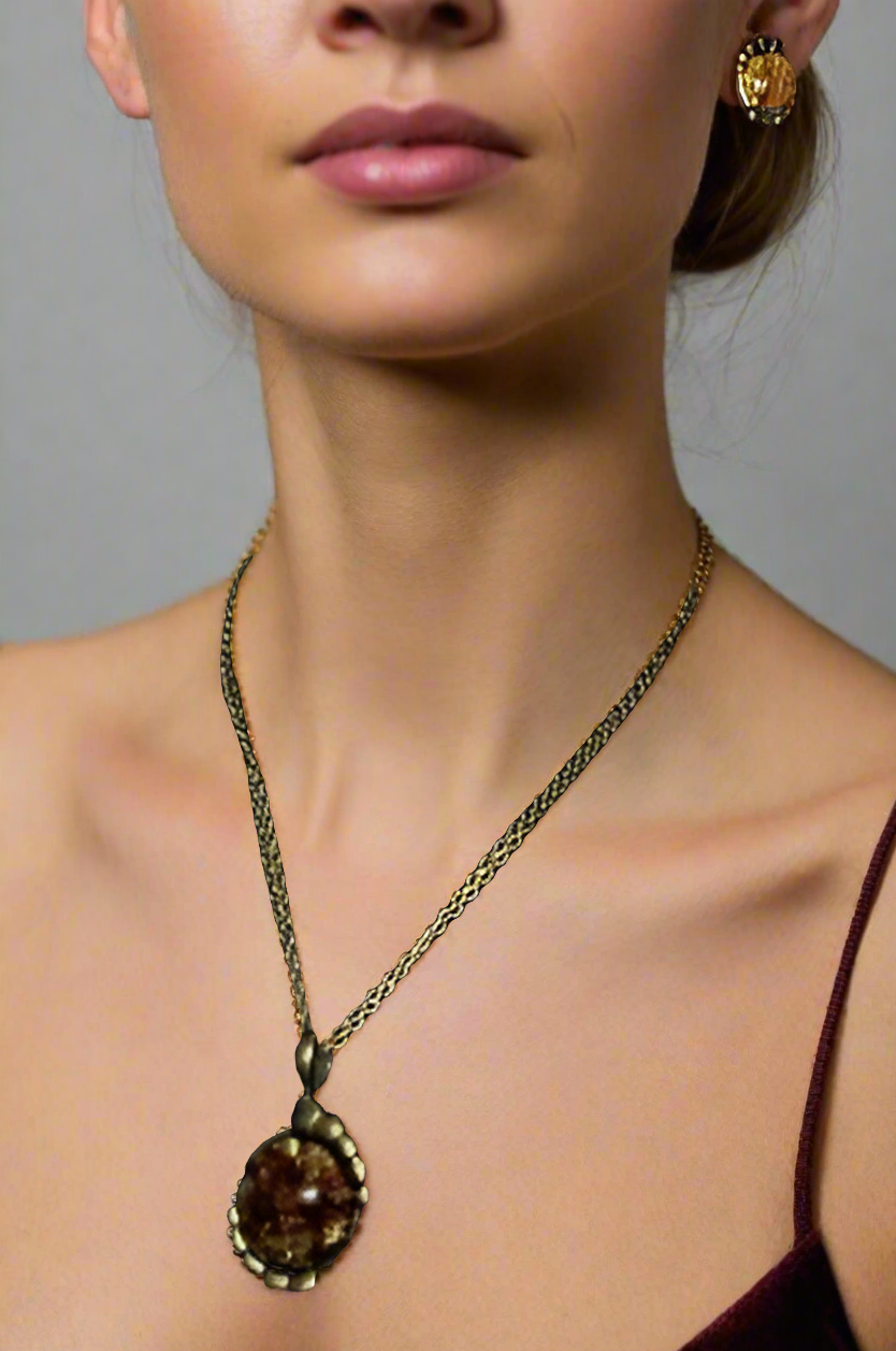 Charming Vintage Style Burnished Gold and Brown Colored Pendant, Steel Chain Necklace and Earrings Set, 18 inches, One-of-a-Kind - by Artistry Jewelry