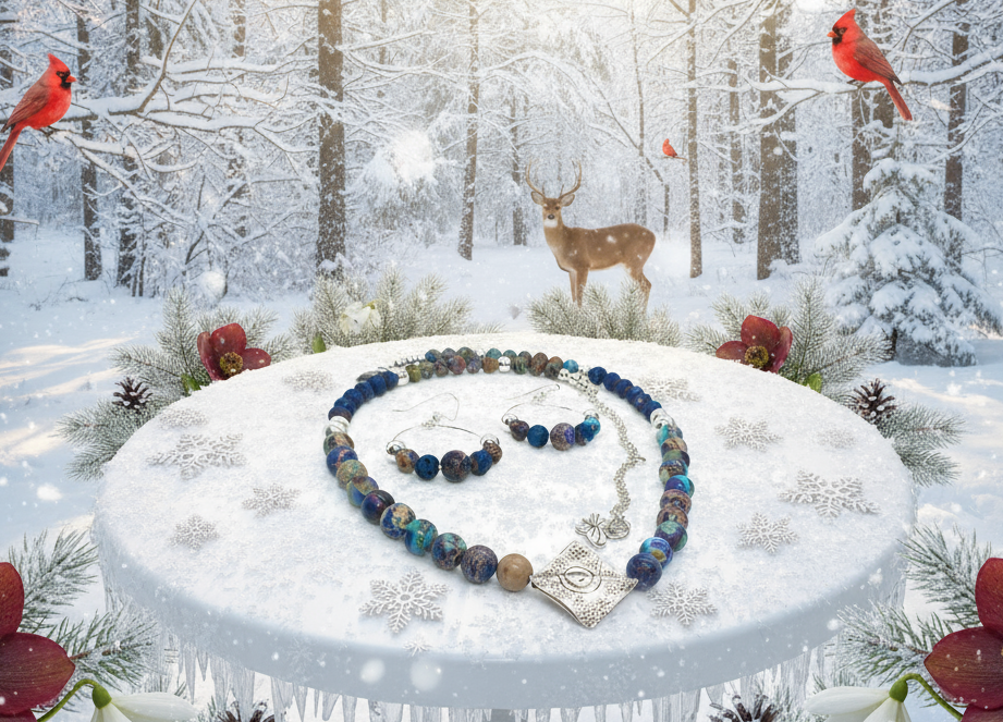 Stunning Natural Sea Blue Imperial Jasper, Lava beads and Silver Hematite, Semi-precious, Beaded Necklace Set - handcrafted by Artistry Jewelry