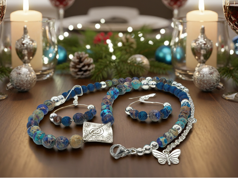Stunning Natural Sea Blue Imperial Jasper, Lava beads and Silver Hematite, Semi-precious, Beaded Necklace Set - handcrafted by Artistry Jewelry