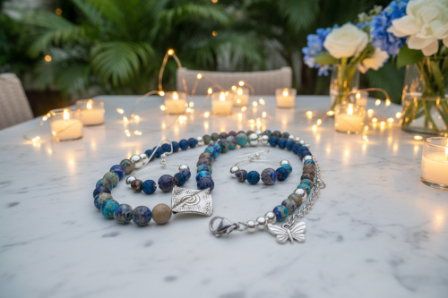 Stunning Natural Sea Blue Imperial Jasper, Lava beads and Silver Hematite, Semi-precious, Beaded Necklace Set - handcrafted by Artistry Jewelry