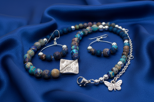 Stunning Natural Sea Blue Imperial Jasper, Lava beads and Silver Hematite, Semi-precious, Beaded Necklace Set - handcrafted by Artistry Jewelry