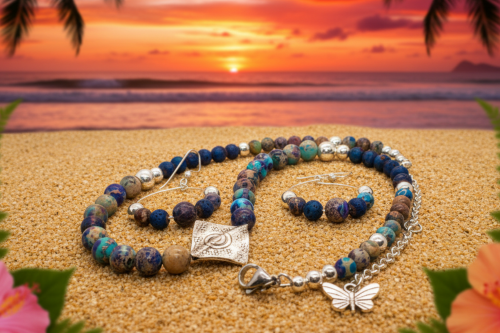 Stunning Natural Sea Blue Imperial Jasper, Lava beads and Silver Hematite, Semi-precious, Beaded Necklace Set - handcrafted by Artistry Jewelry